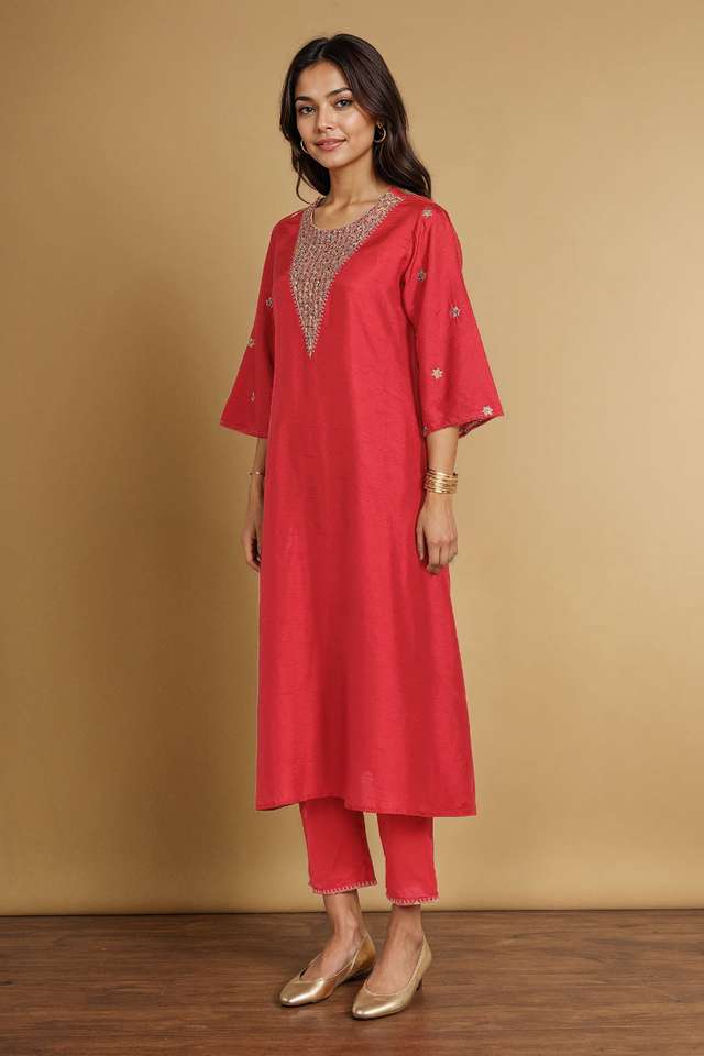 Red Viscose Cotton Embroidered Kurta Set thumbnail image number null
