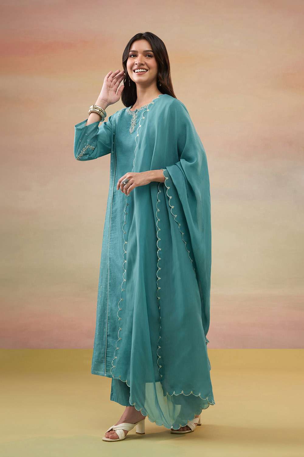 Dark Green Pure Silk Cotton Embroidered Kurta Set image number null