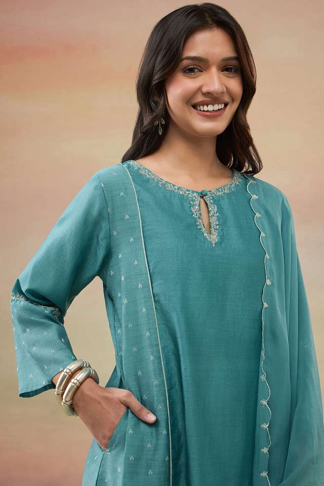 Dark Green Pure Silk Cotton Embroidered Kurta Set thumbnail image number null