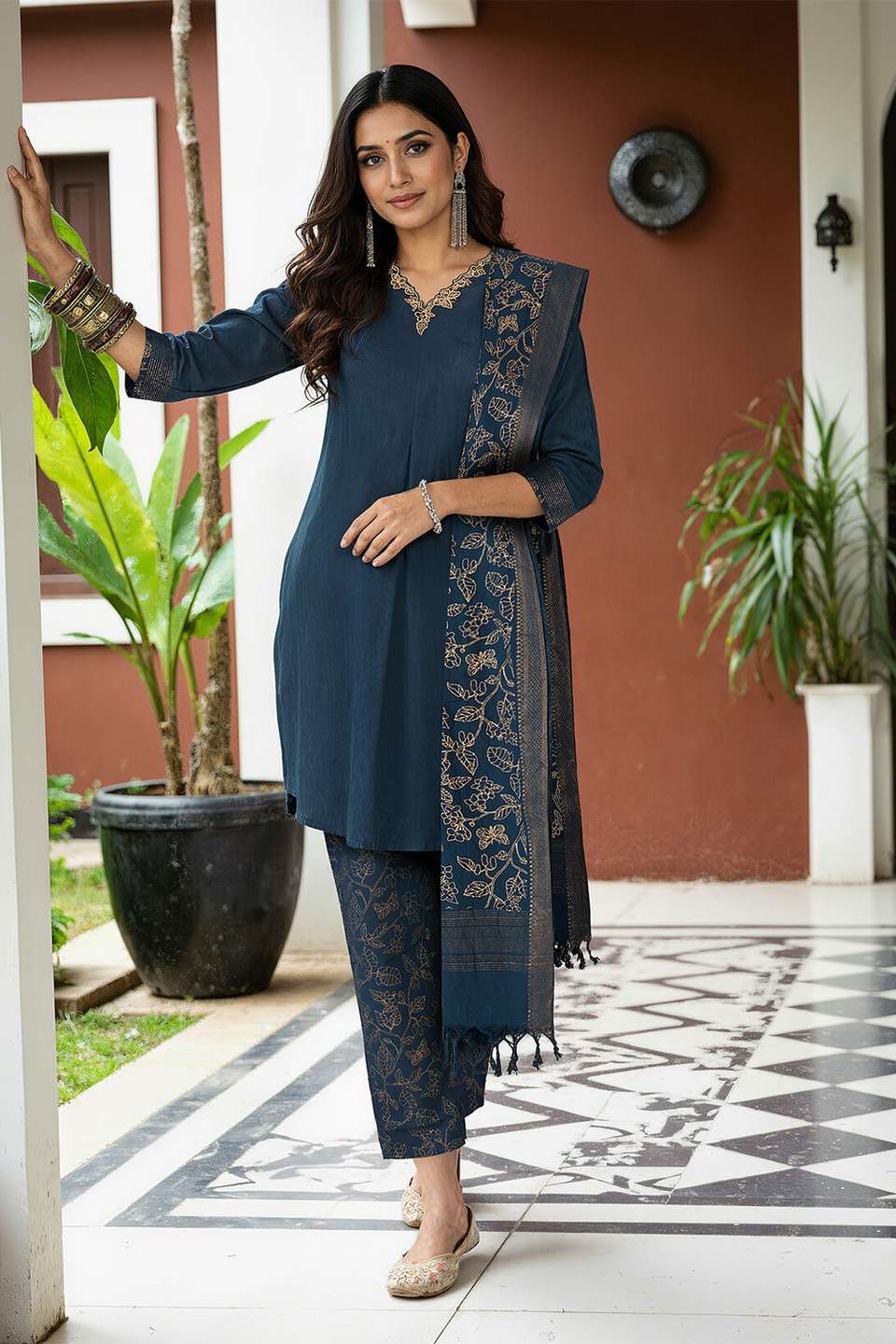 Dark Blue Pure Cotton Embroidered Kurta Set