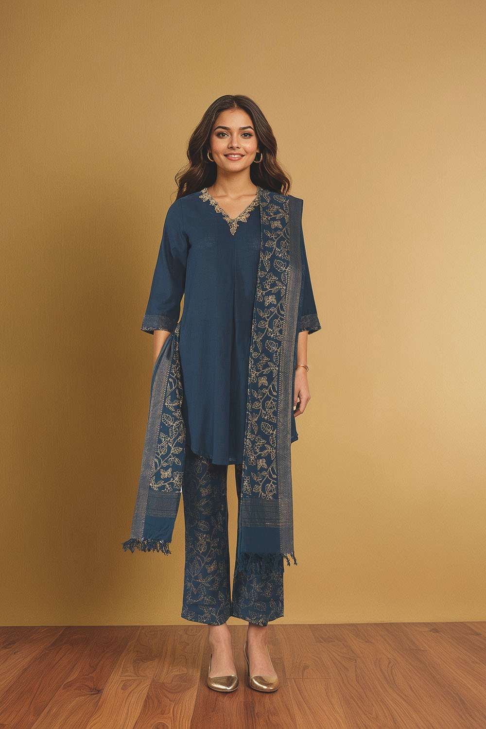 Dark Blue Pure Cotton Embroidered Kurta Set image number null