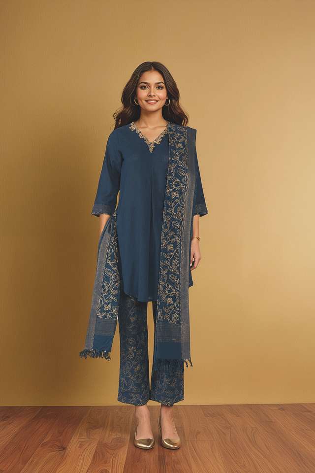 Dark Blue Pure Cotton Embroidered Kurta Set thumbnail image number null