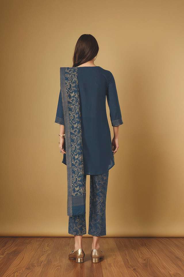 Dark Blue Pure Cotton Embroidered Kurta Set thumbnail image number null