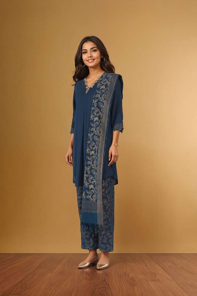Dark Blue Pure Cotton Embroidered Kurta Set thumbnail image number null