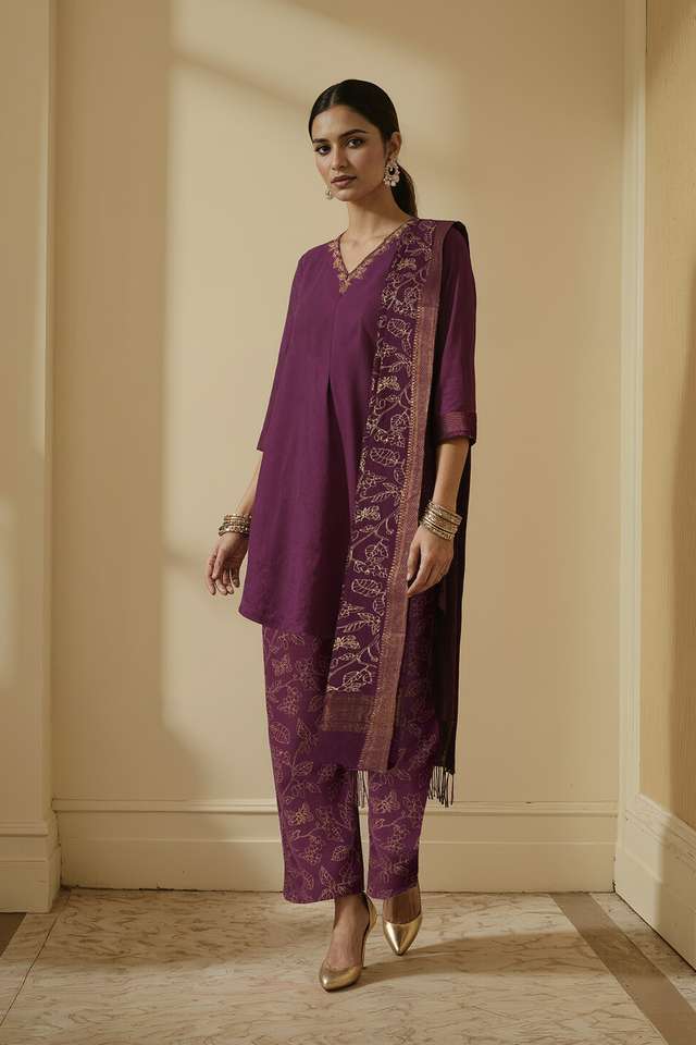 Purple Pure Cotton Embroidered Kurta Set