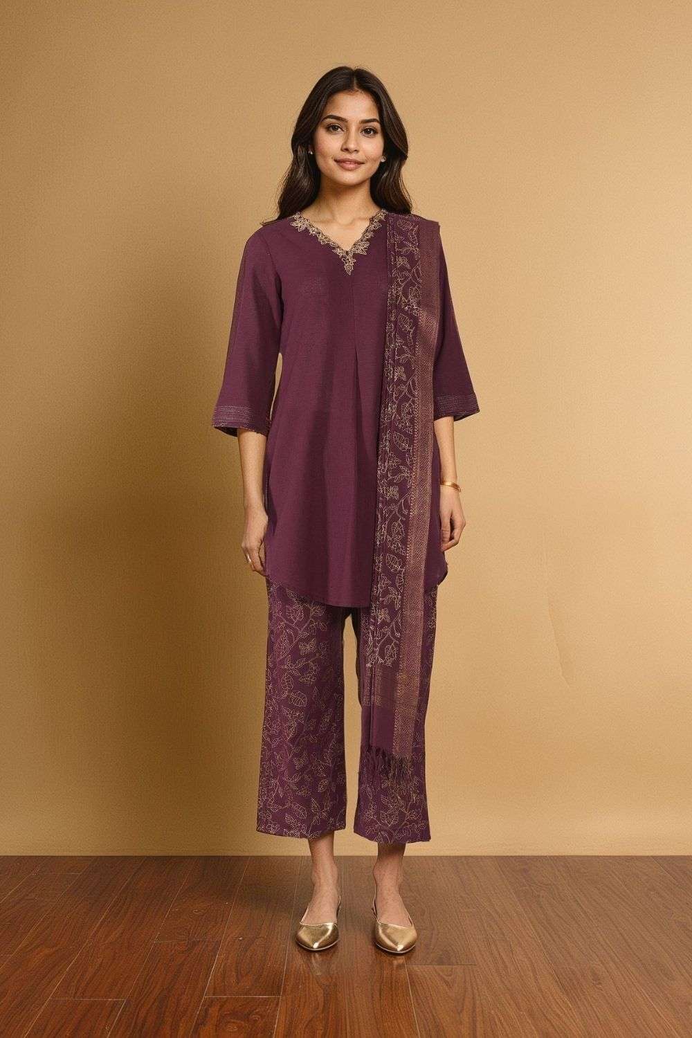 Purple Pure Cotton Embroidered Kurta Set image number null