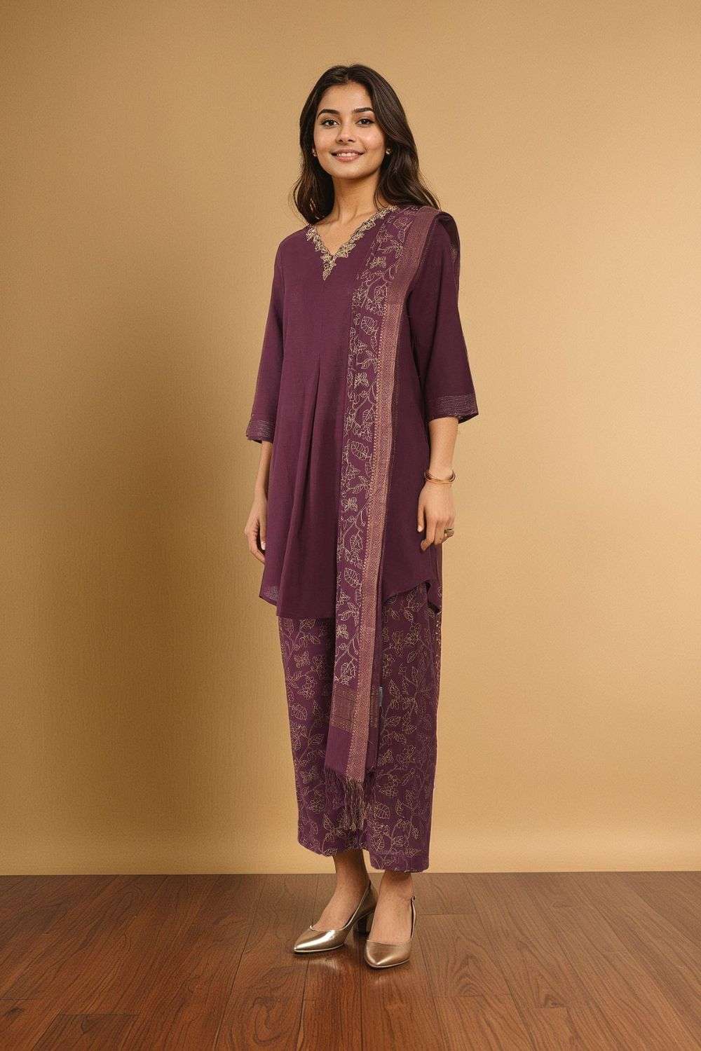 Purple Pure Cotton Embroidered Kurta Set image number null