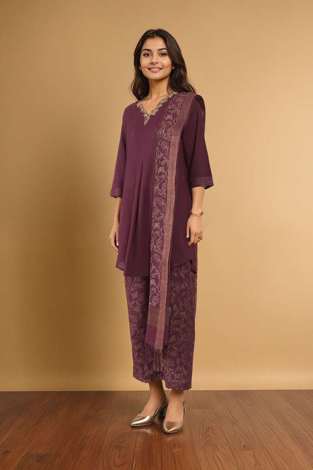 Purple Pure Cotton Embroidered Kurta Set thumbnail image number null
