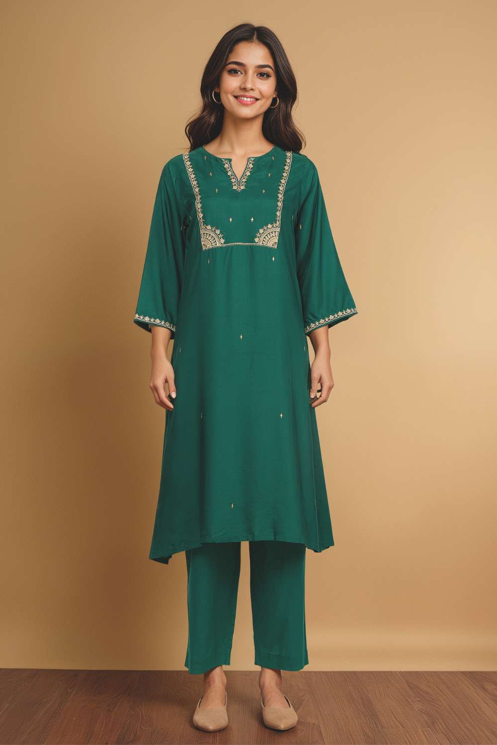 Green Viscose Embroidered Kurta Set image number null