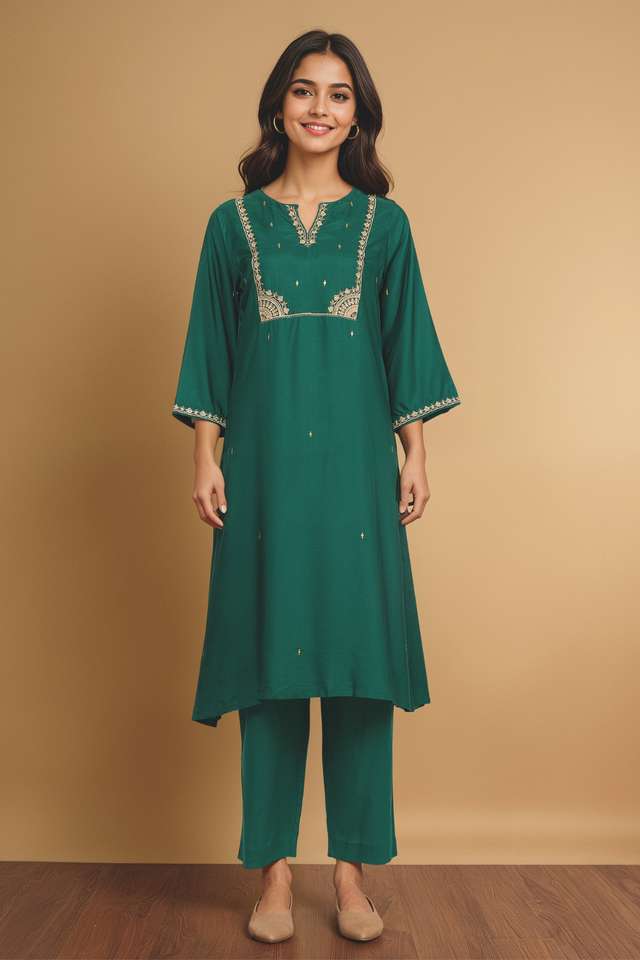 Green Viscose Embroidered Kurta Set thumbnail image number null
