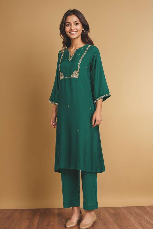 Green Viscose Embroidered Kurta Set thumbnail image number null