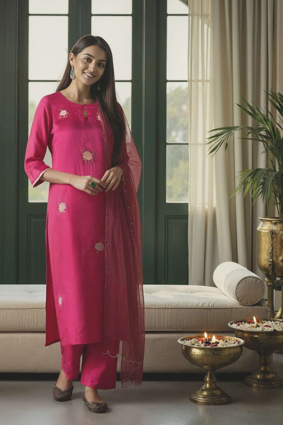 Dark Pink Embroidered Pure Viscose Kurta Set