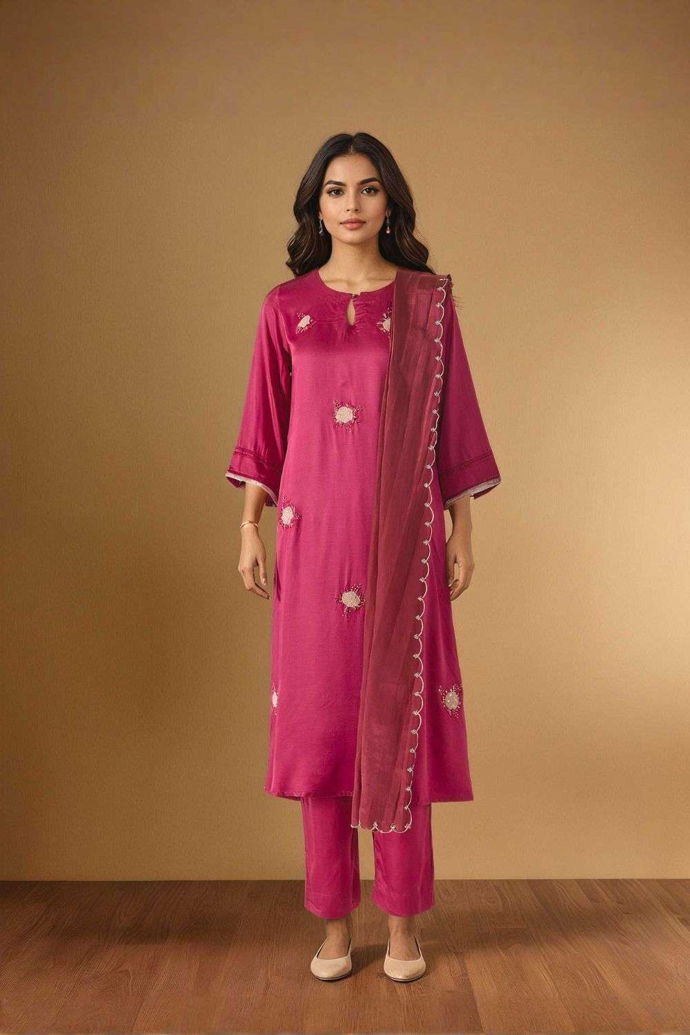 Dark Pink Embroidered Pure Viscose Kurta Set image number null