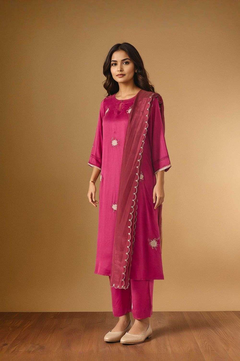 Dark Pink Embroidered Pure Viscose Kurta Set image number null