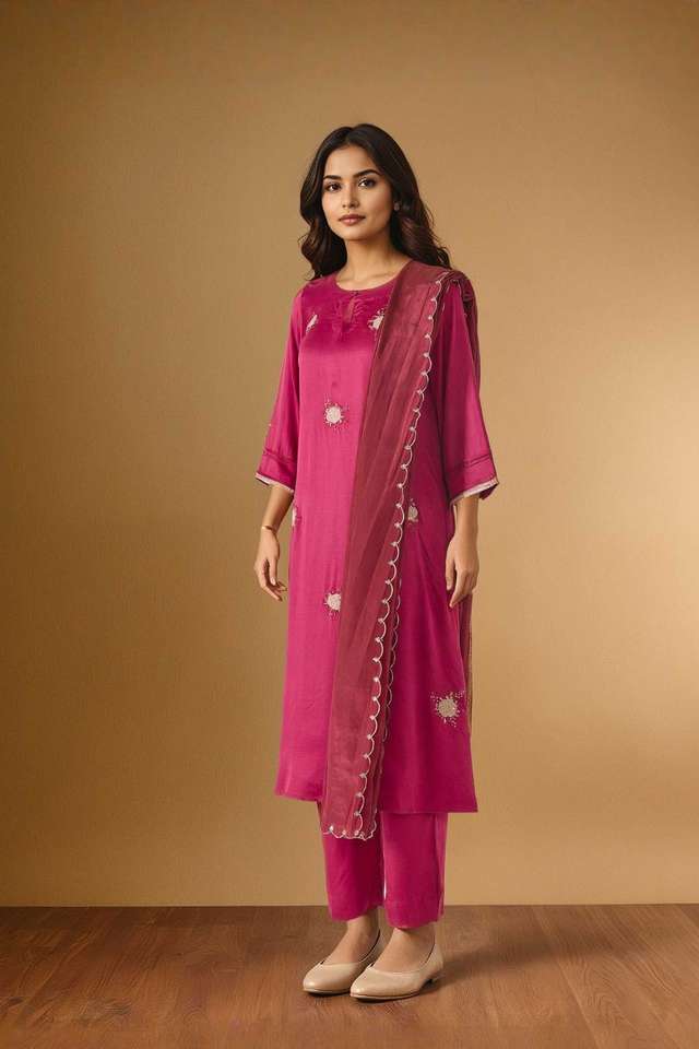 Dark Pink Embroidered Pure Viscose Kurta Set thumbnail image number null