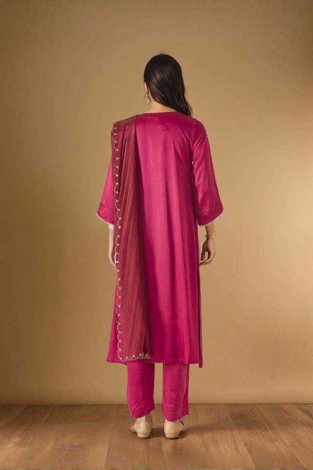 Dark Pink Embroidered Pure Viscose Kurta Set thumbnail image number null