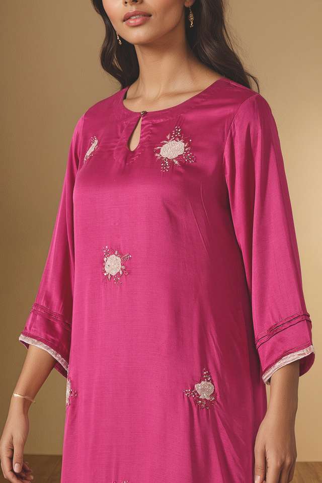 Dark Pink Embroidered Pure Viscose Kurta Set thumbnail image number null