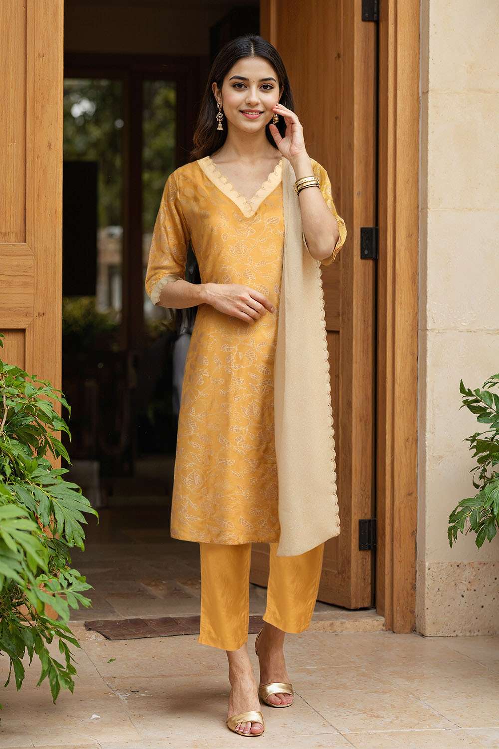 Yellow Viscose Block Printed Kurta Set image number null