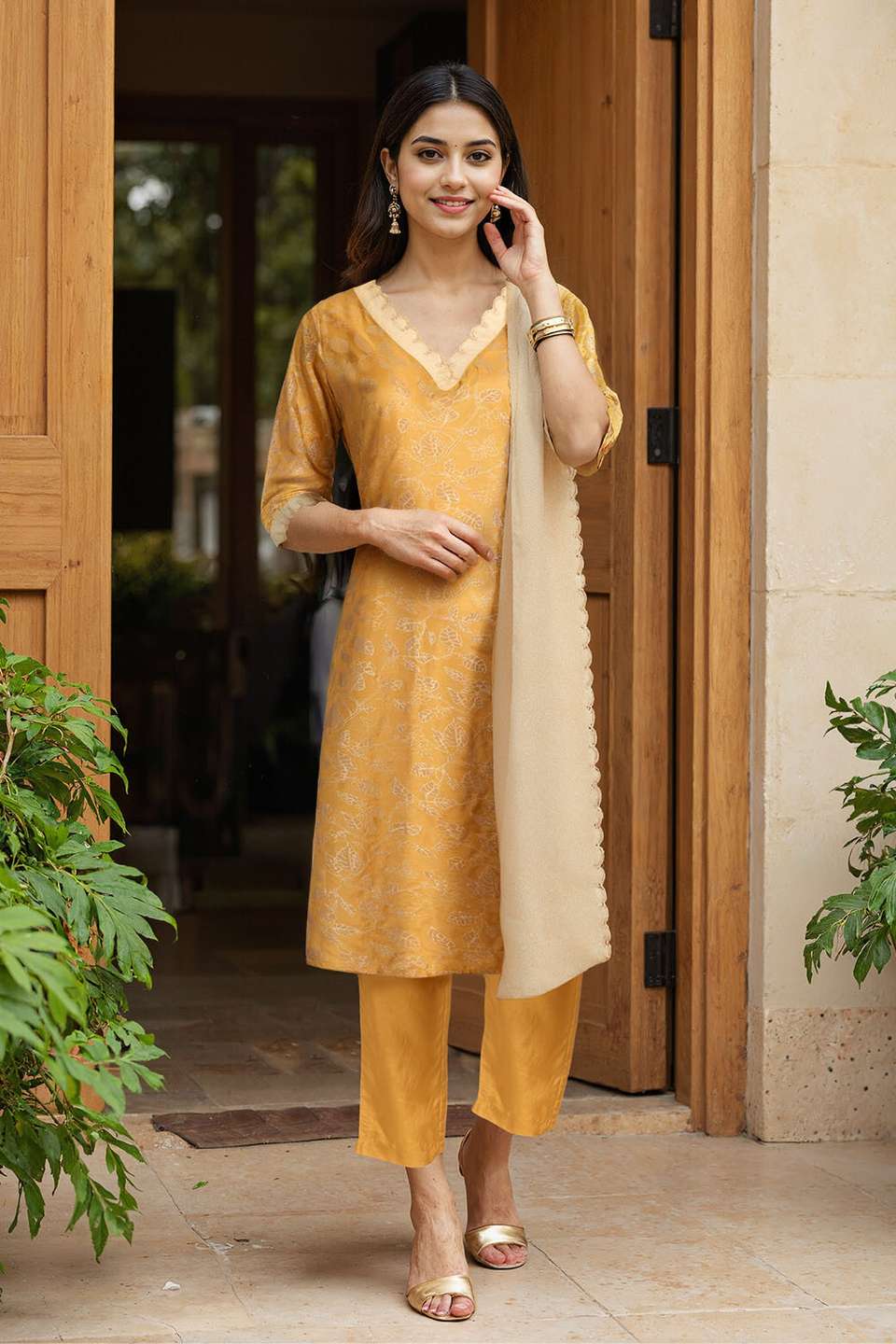 Yellow Viscose Block Printed Kurta Set