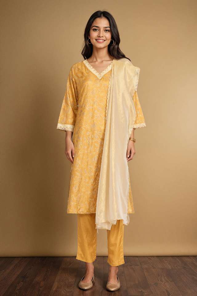 Yellow Viscose Block Printed Kurta Set thumbnail image number null