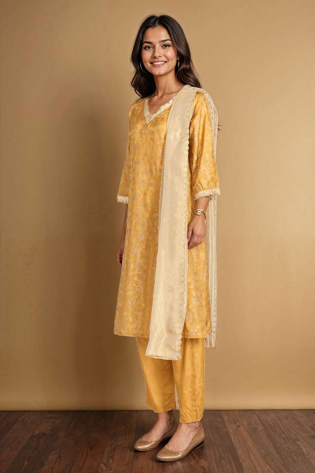 Yellow Viscose Block Printed Kurta Set thumbnail image number null