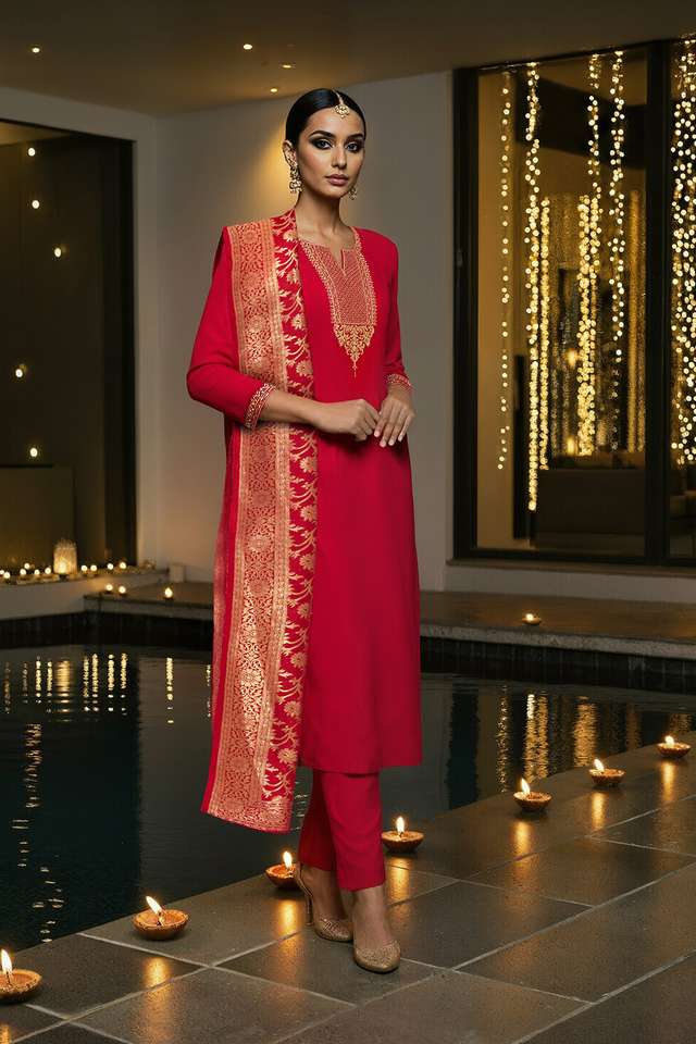 Red Viscose Embroidered Kurta Set image number