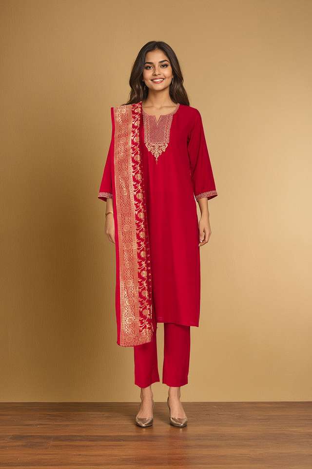 Red Viscose Embroidered Kurta Set thumbnail image number null