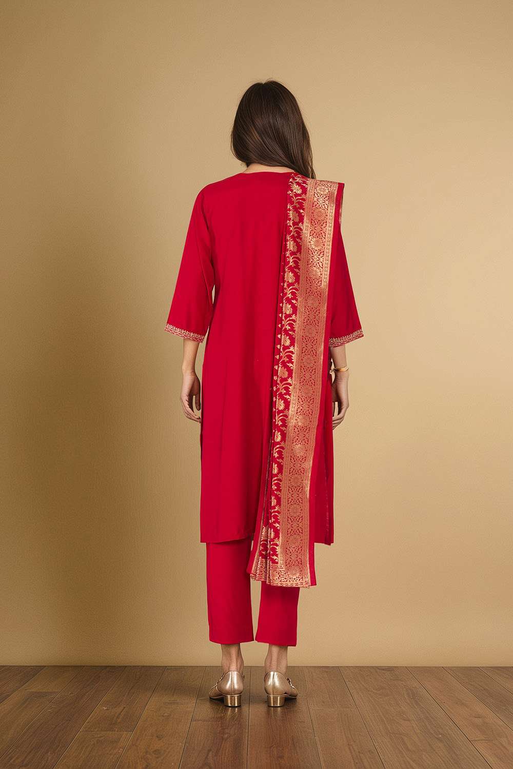Red Viscose Embroidered Kurta Set image number null