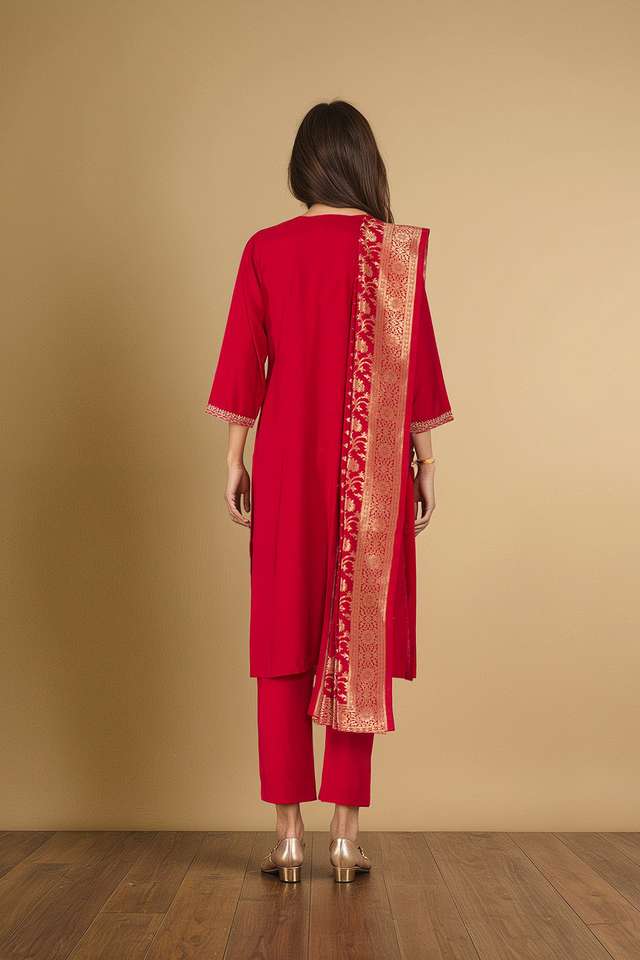 Red Viscose Embroidered Kurta Set thumbnail image number null