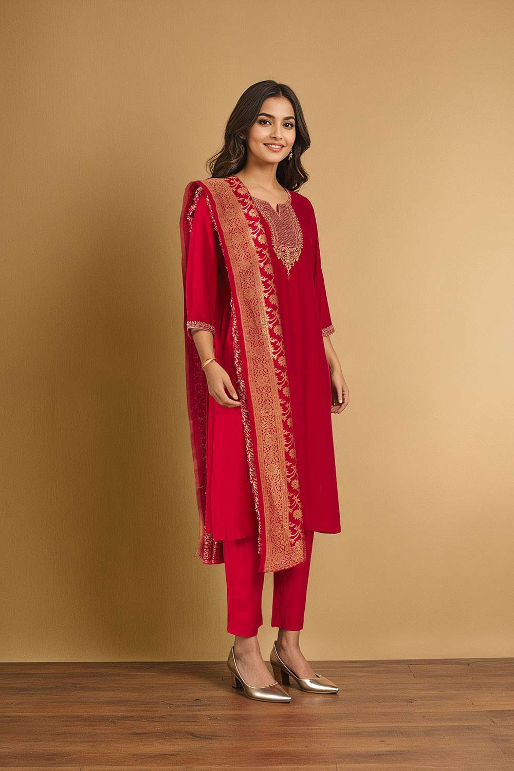 Red Viscose Embroidered Kurta Set image number null