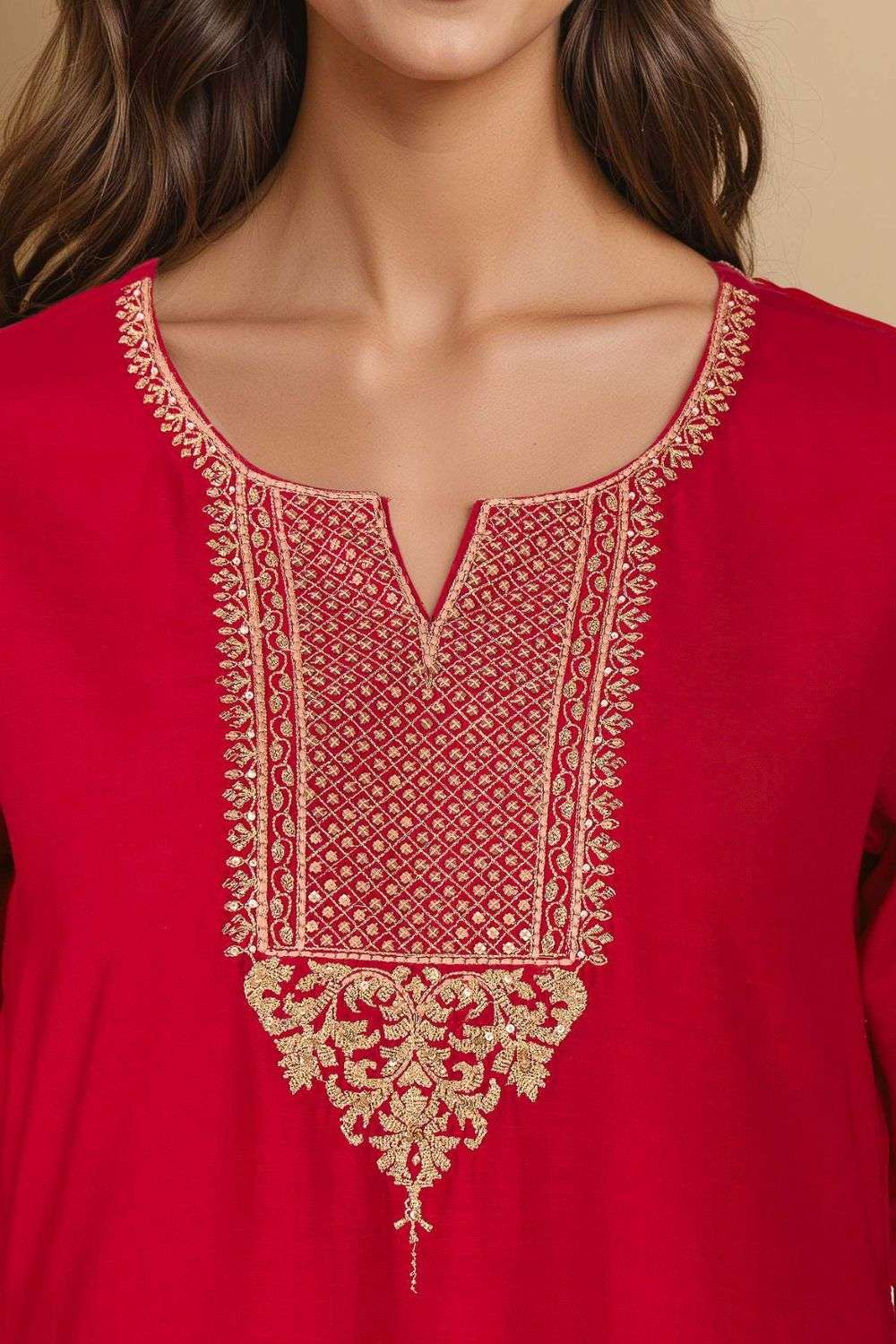 Red Viscose Embroidered Kurta Set image number null