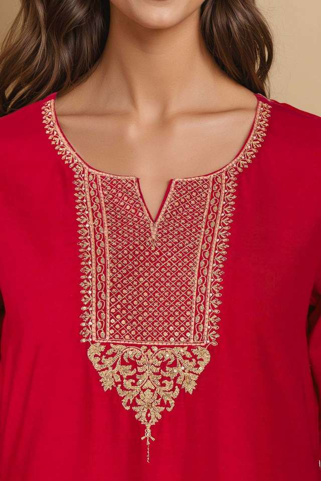 Red Viscose Embroidered Kurta Set thumbnail image number null