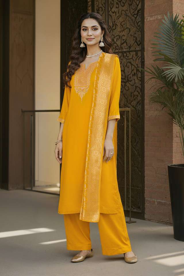Dark Yellow Viscose Embroidered Kurta Set image number