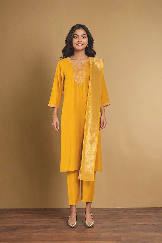 Dark Yellow Viscose Embroidered Kurta Set thumbnail image number null