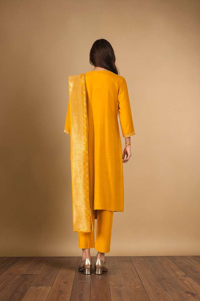 Dark Yellow Viscose Embroidered Kurta Set thumbnail image number null