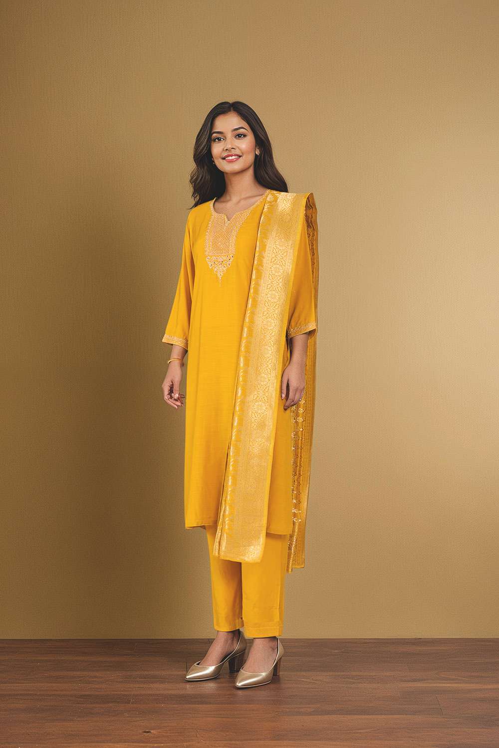 Dark Yellow Viscose Embroidered Kurta Set image number null