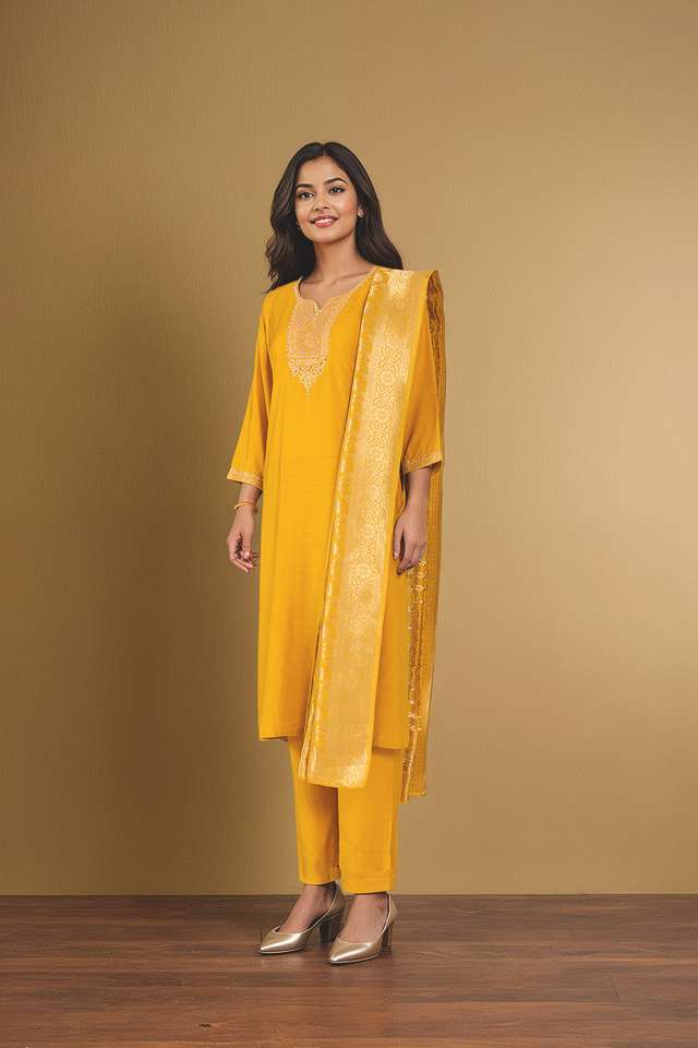 Dark Yellow Viscose Embroidered Kurta Set thumbnail image number null