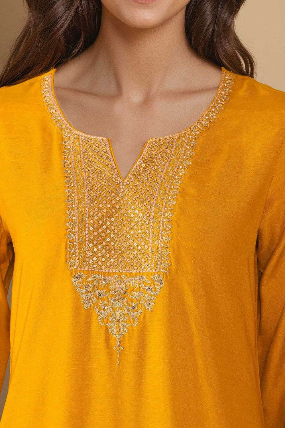 Dark Yellow Viscose Embroidered Kurta Set image number null