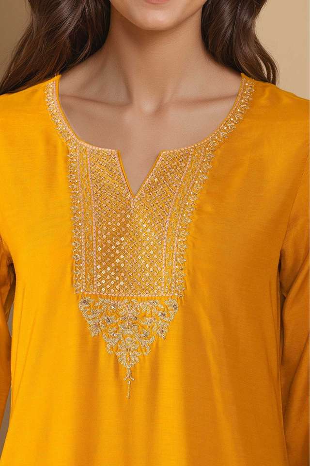 Dark Yellow Viscose Embroidered Kurta Set thumbnail image number null