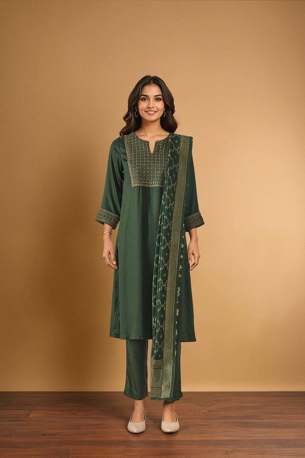 Green Viscose Embroidered Kurta Set image number null