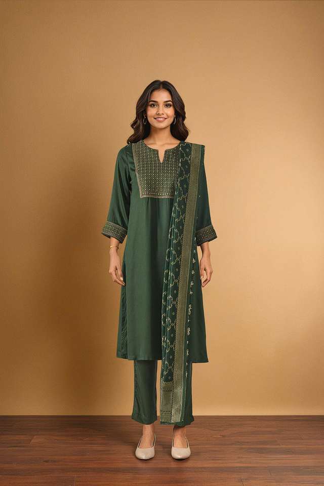 Green Viscose Embroidered Kurta Set thumbnail image number null