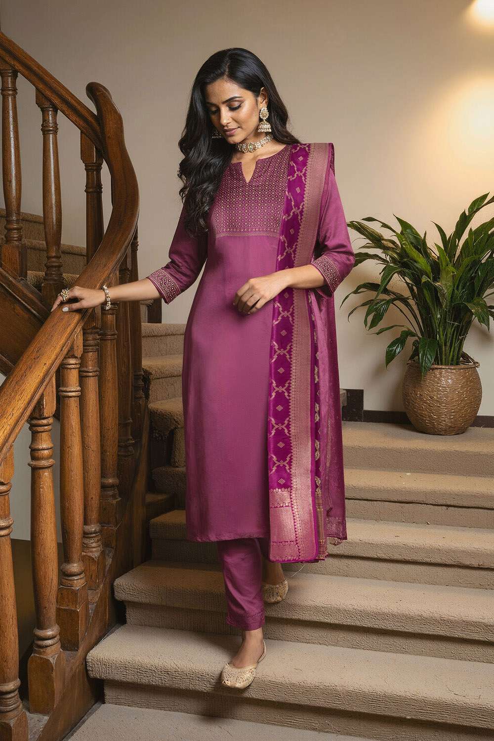 Purple Pure Viscose Embroidered Kurta Set image number null