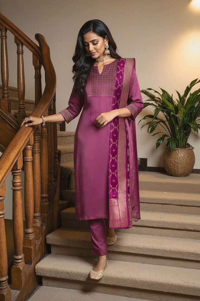 Purple Pure Viscose Embroidered Kurta Set image number