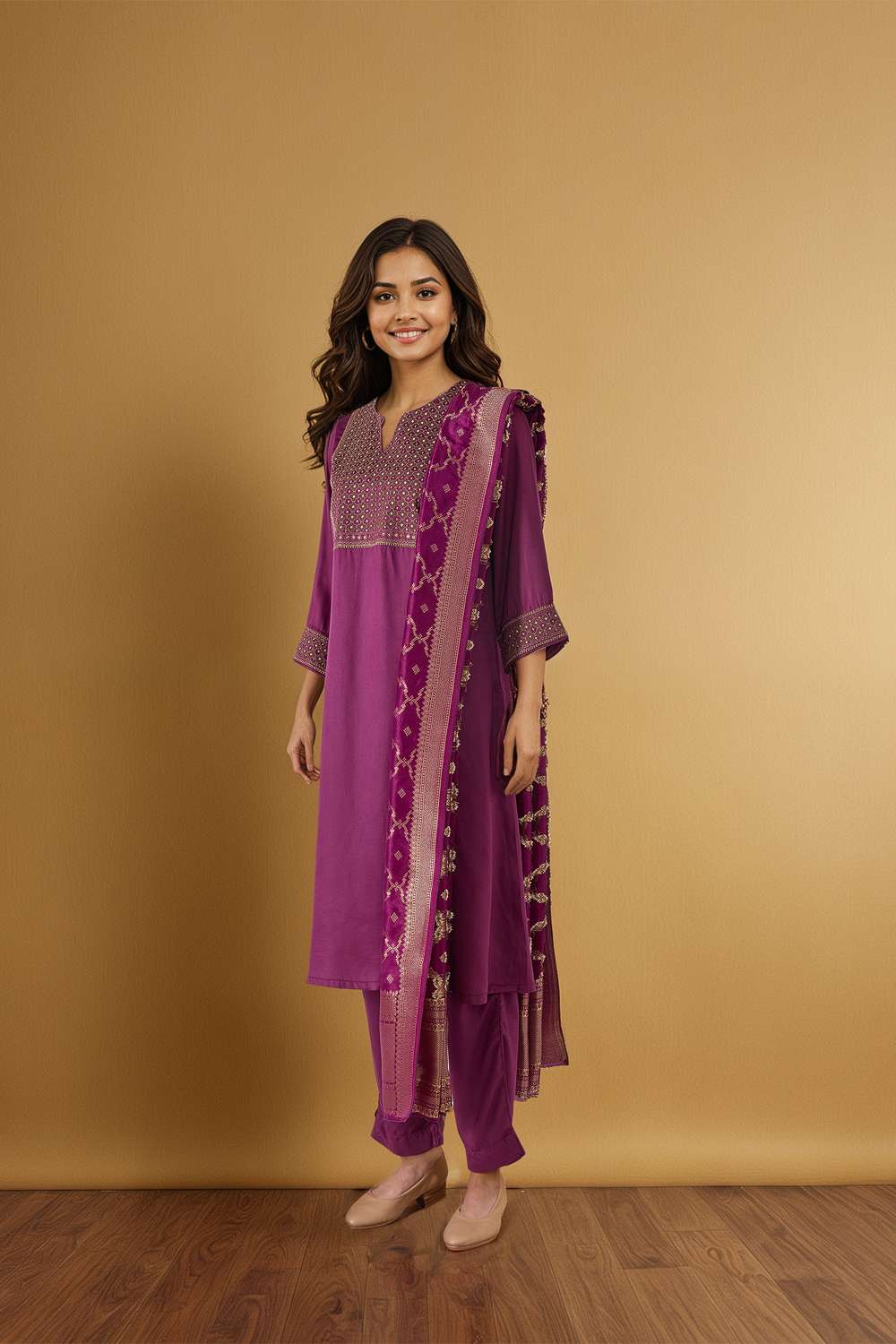 Purple Pure Viscose Embroidered Kurta Set image number null