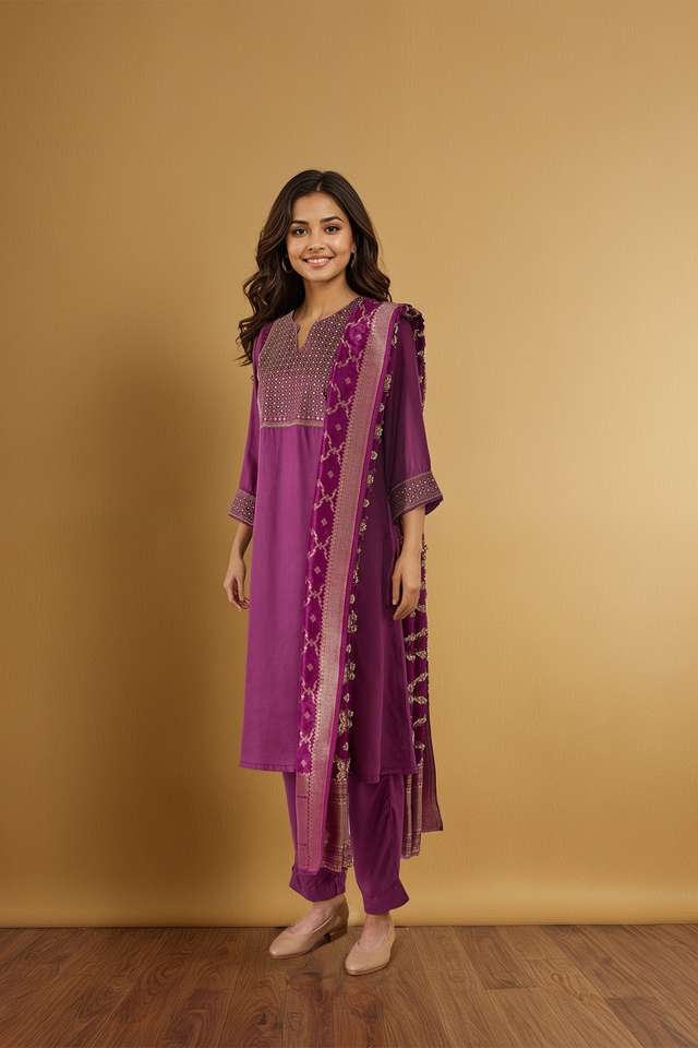 Purple Pure Viscose Embroidered Kurta Set thumbnail image number null