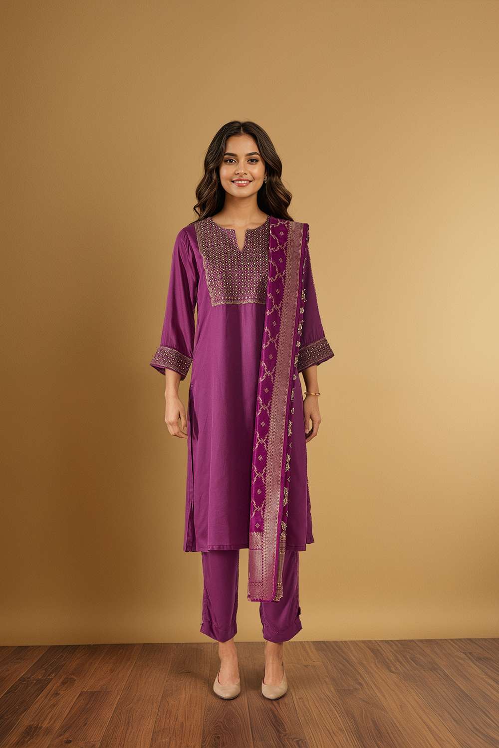 Purple Pure Viscose Embroidered Kurta Set image number null