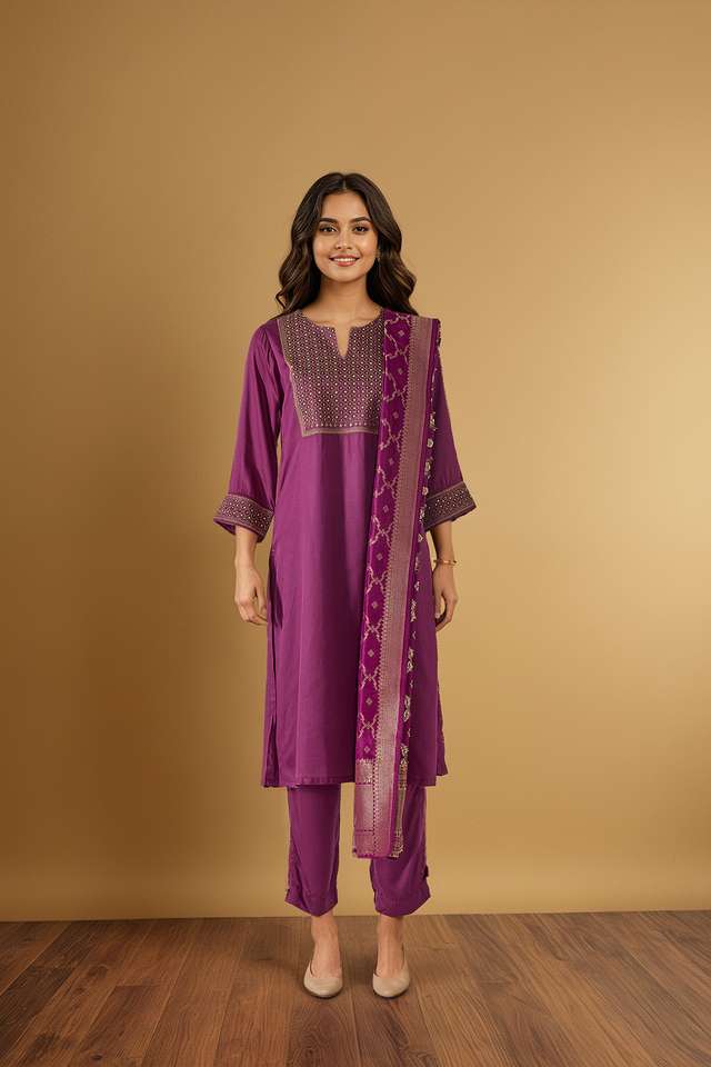 Purple Pure Viscose Embroidered Kurta Set thumbnail image number null