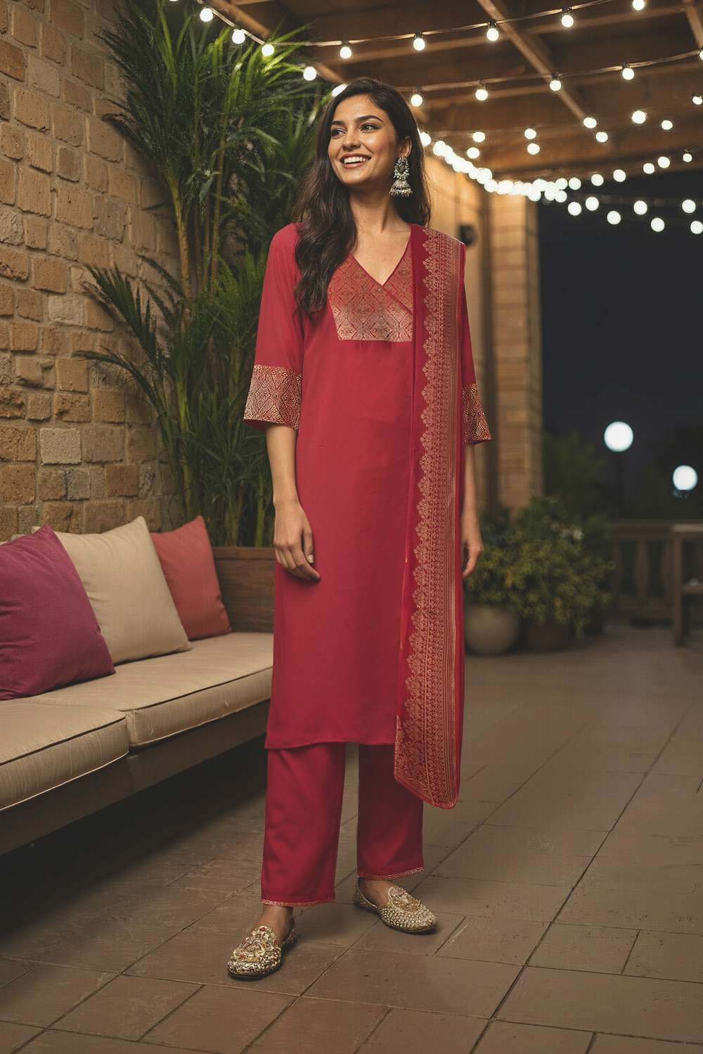 Red Brocade Pure Viscose Kurta Set image number null