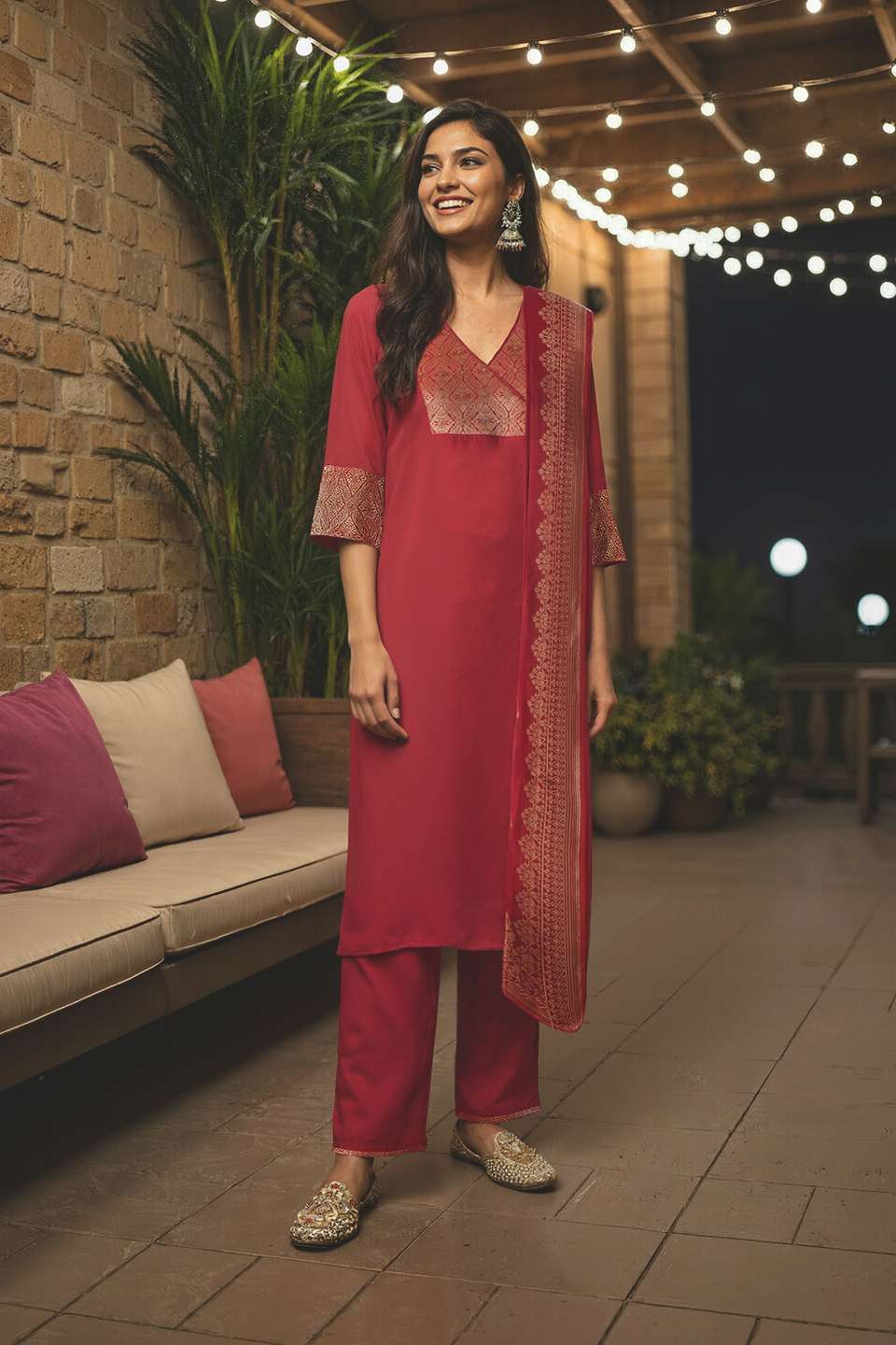 Red Brocade Pure Viscose Kurta Set