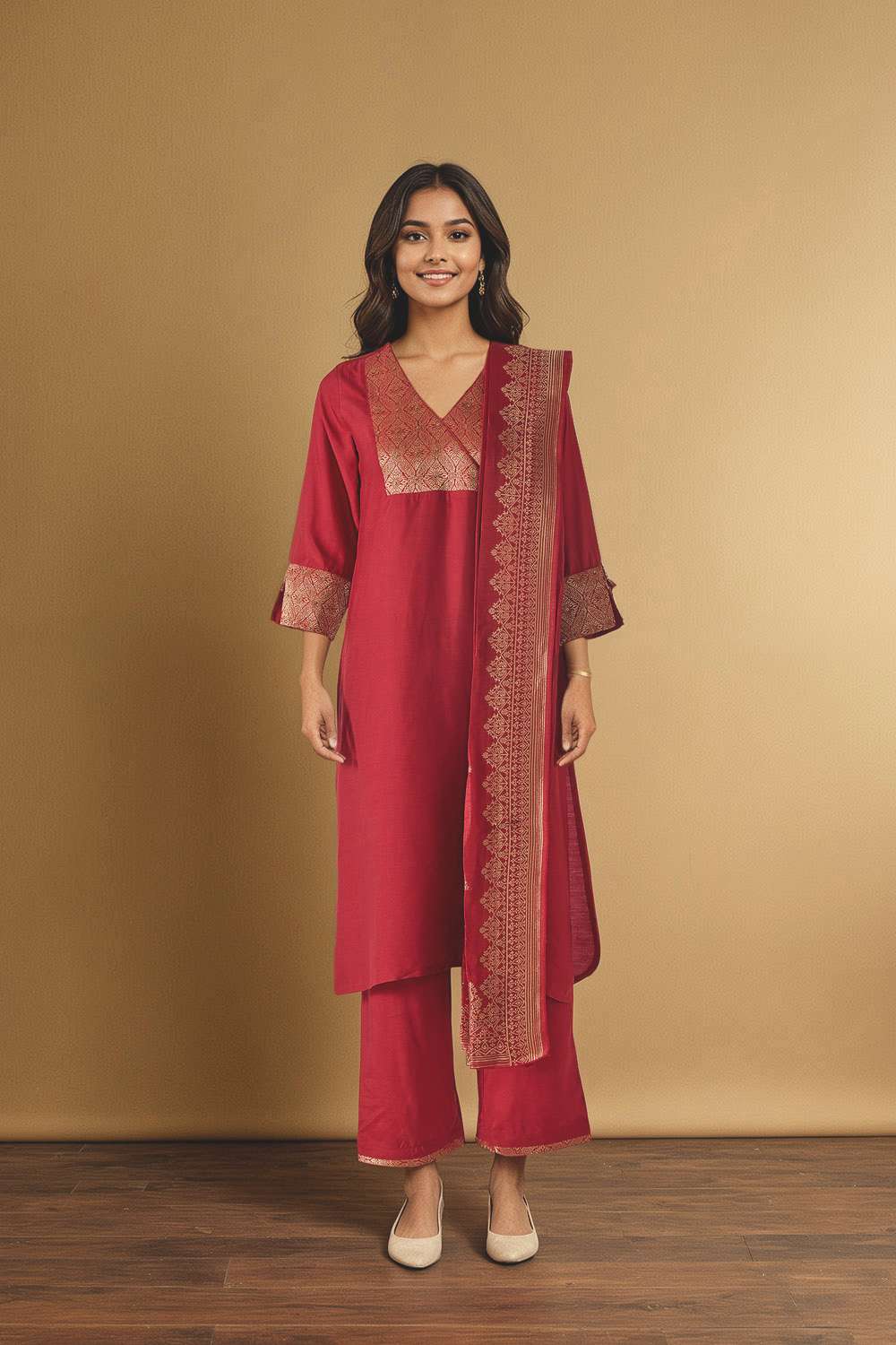 Red Brocade Pure Viscose Kurta Set image number null